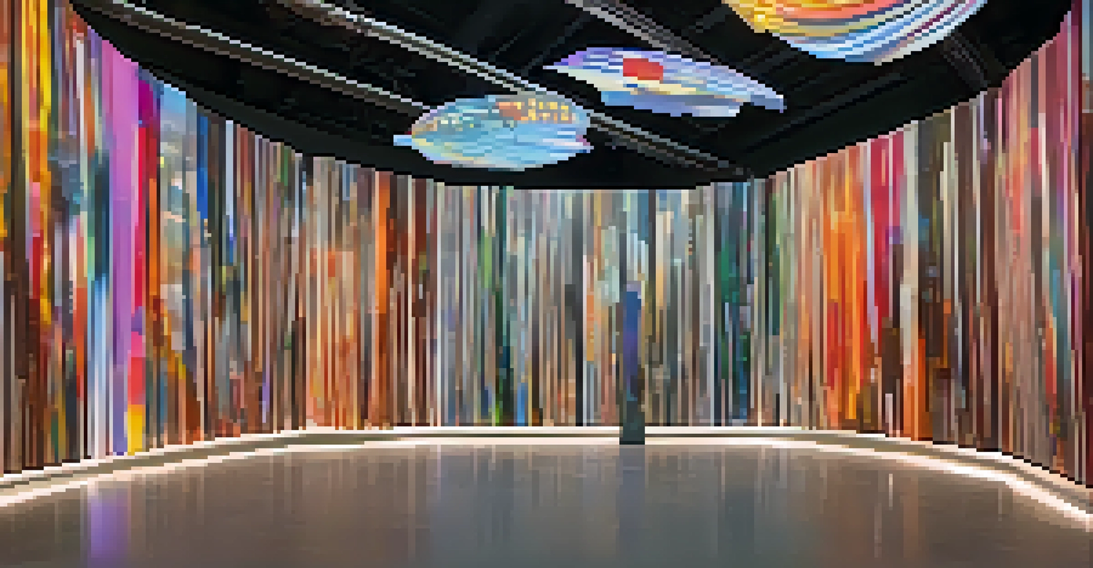 An immersive digital mixed media installation with video projections and sculptural elements, illuminated by ambient lighting.