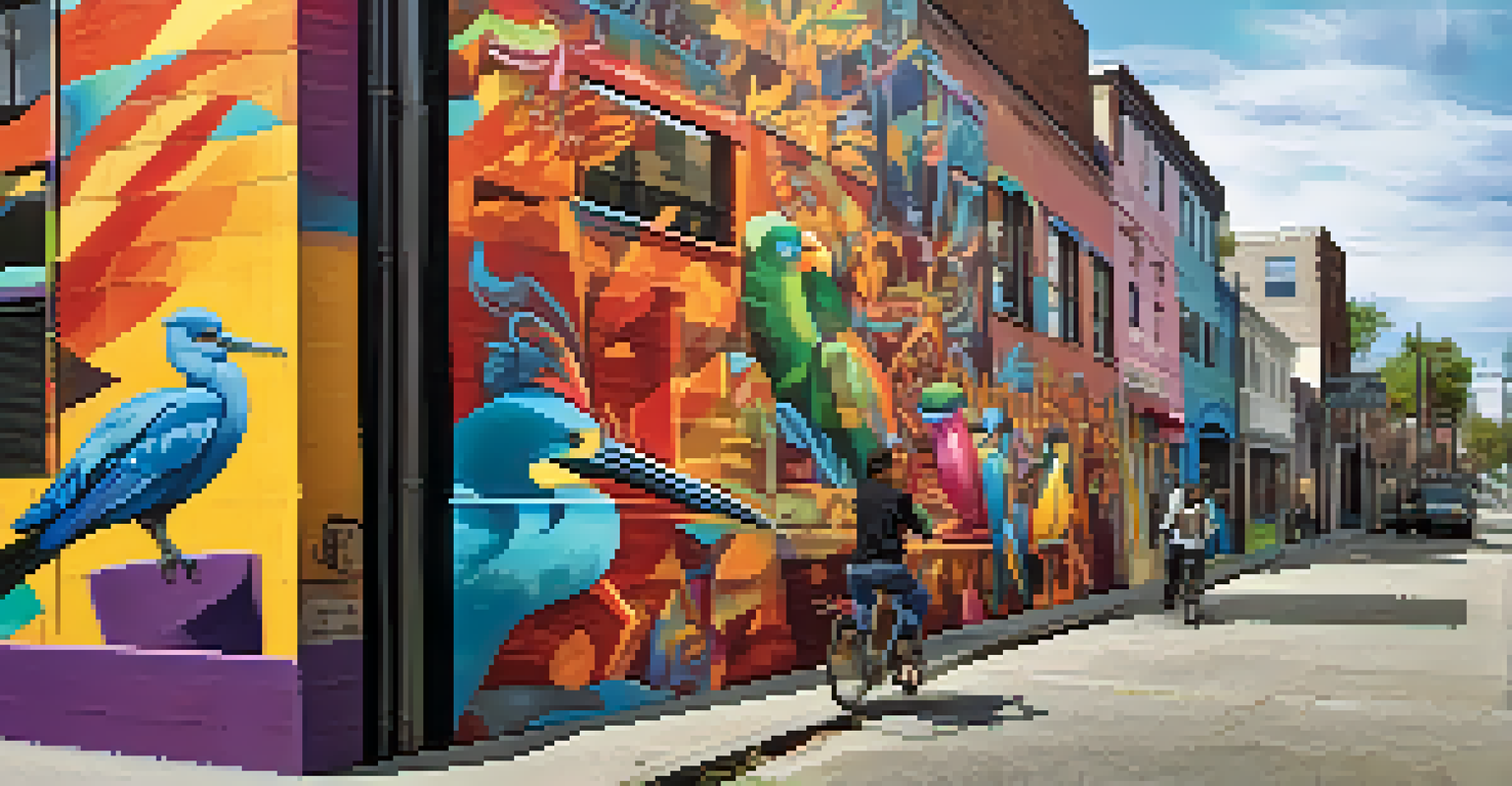 A colorful street art mural depicting urban life themes, with people interacting with the artwork.
