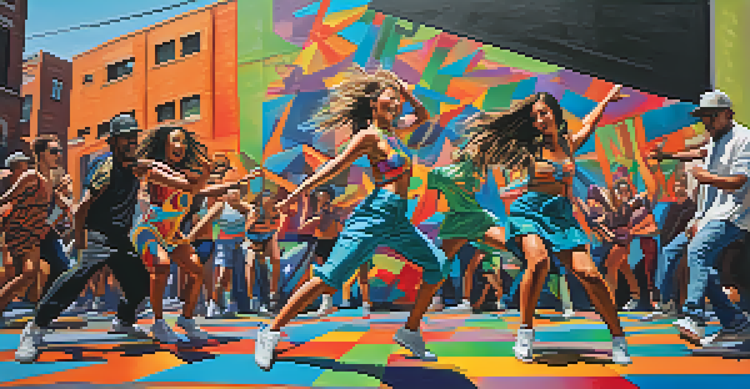 A group of dancers performing street dance in front of a colorful graffiti wall.