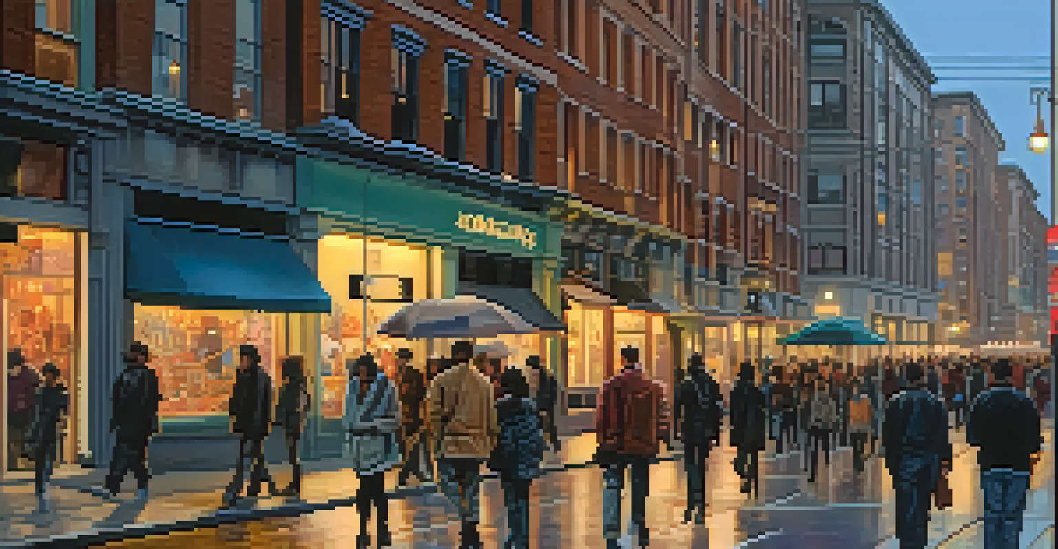 A vibrant city street at dusk with people walking and colorful street art.