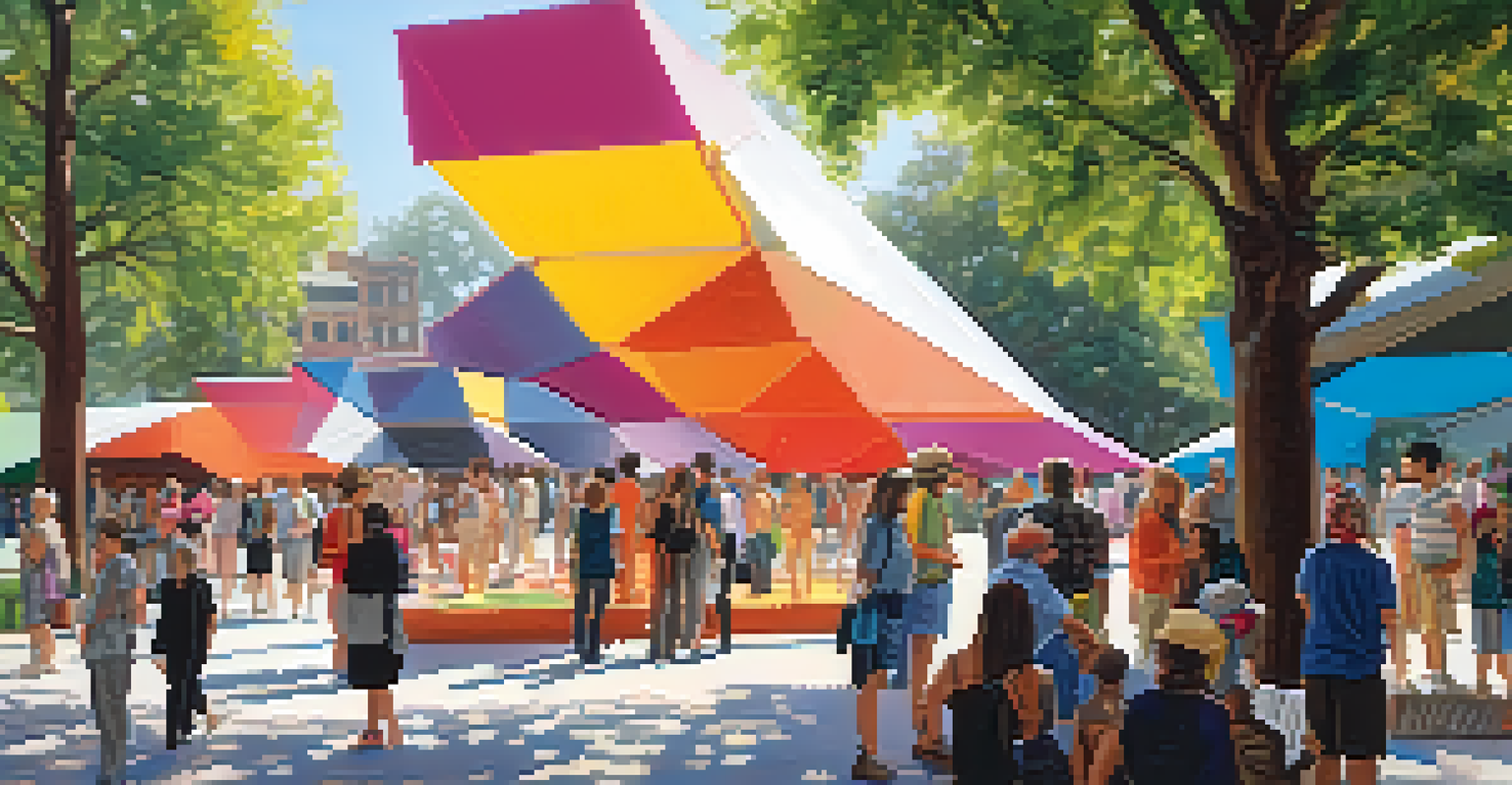 An outdoor art biennale with colorful installations, visitors exploring artworks and artists engaging with attendees.