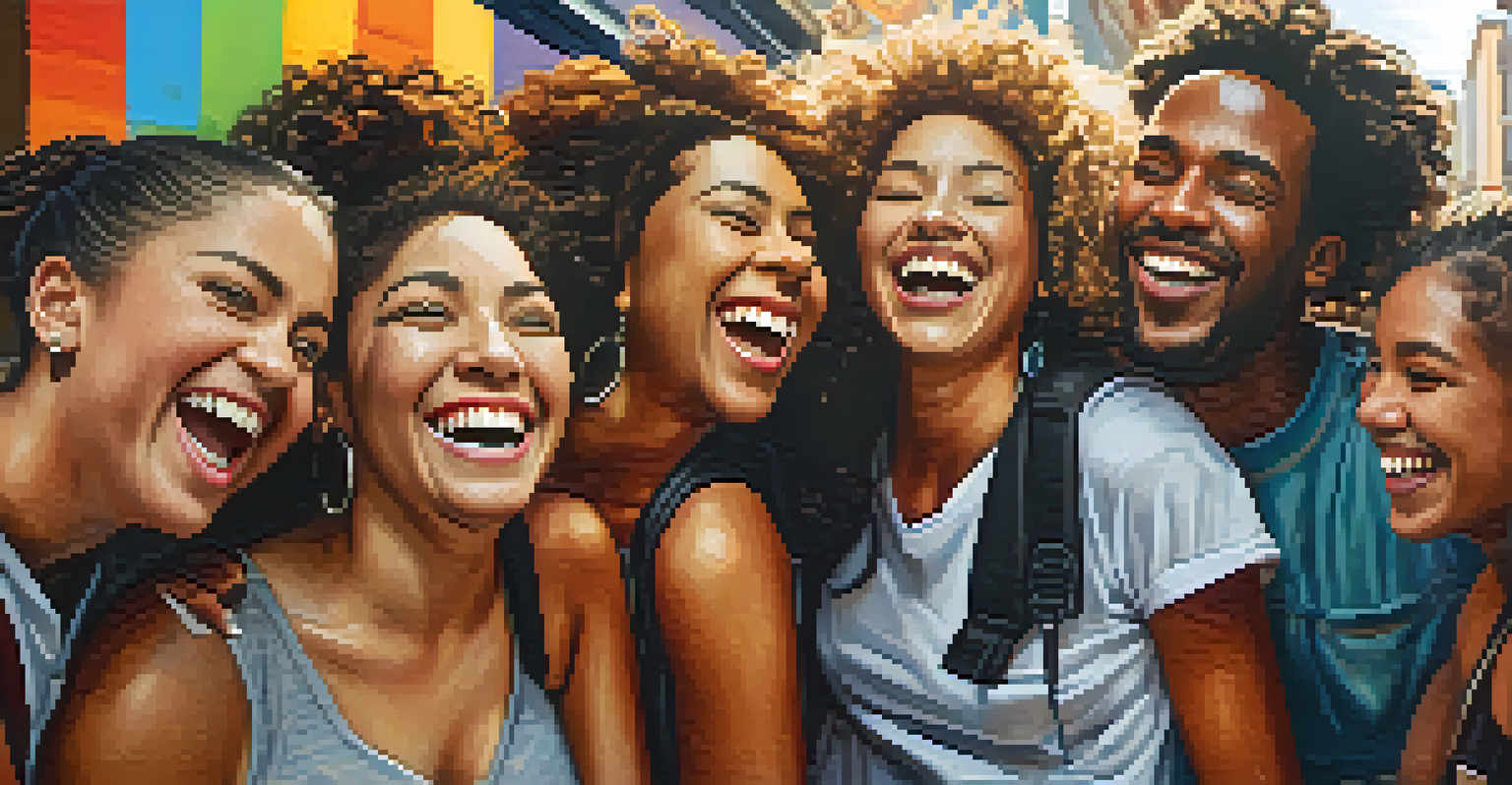 A diverse group of friends laughing together in front of colorful street art.