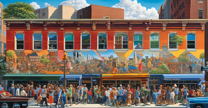 A colorful mural showcasing historical figures in an urban setting, with people admiring the art.