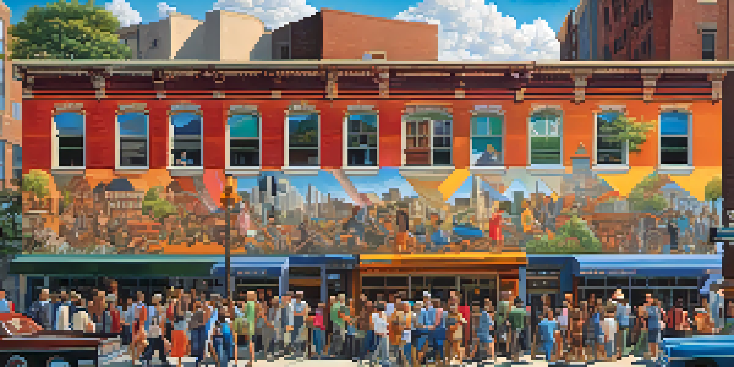 A colorful mural showcasing historical figures in an urban setting, with people admiring the art.
