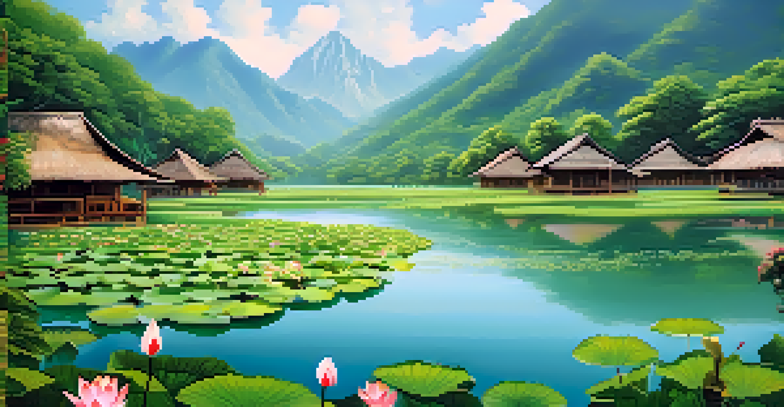A tranquil landscape of an Indigenous village surrounded by nature, featuring symbolic motifs like the lotus flower in the foreground.