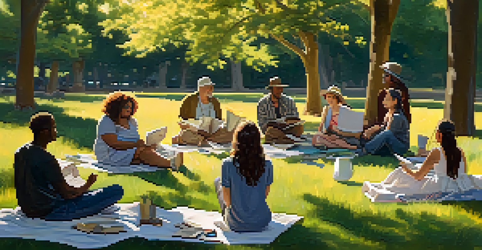 A diverse group of art critics having an outdoor discussion in a park, surrounded by nature and art supplies.