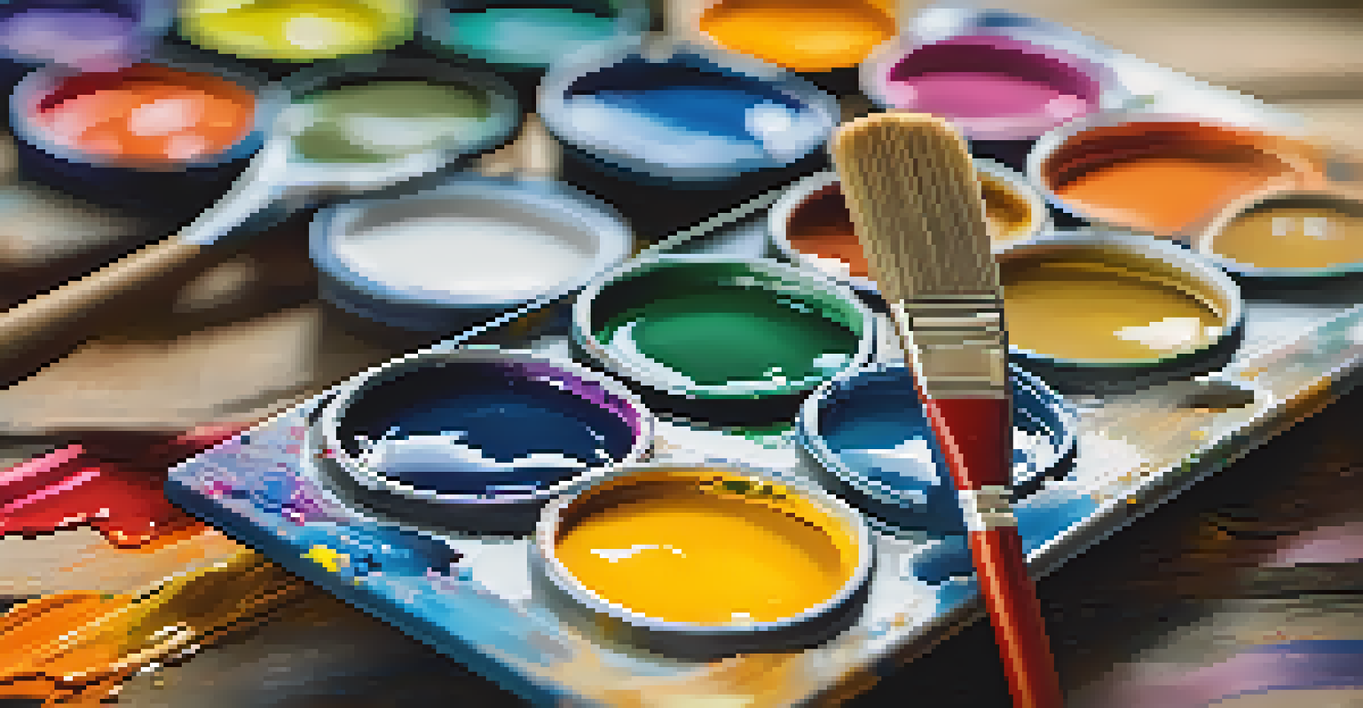 A close-up of a colorful paint palette with various vibrant colors and textures, softly lit in a blurred artistic setting.