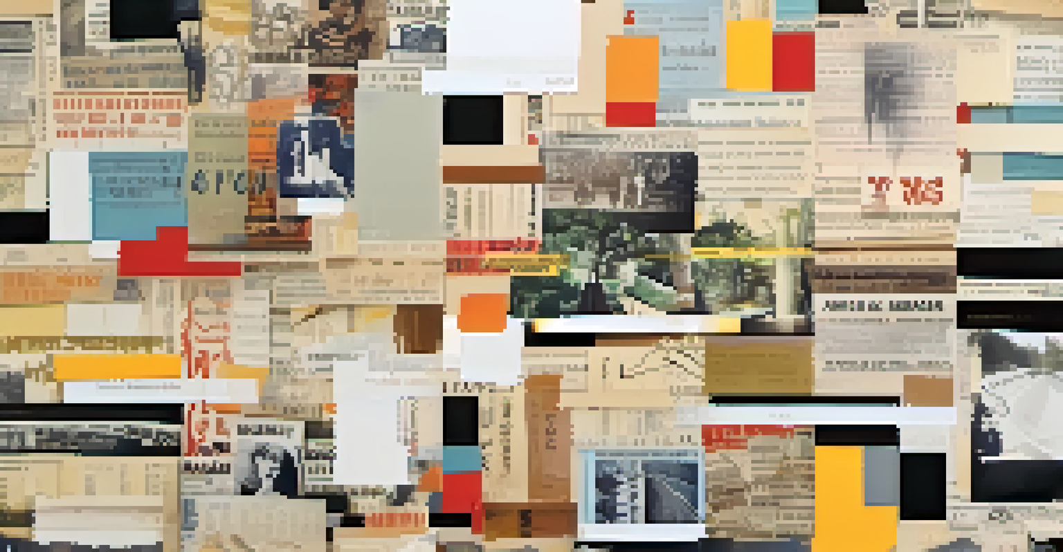 A close-up of a collage painting with intricate layers, featuring textured papers and old photographs, enhanced by soft lighting.