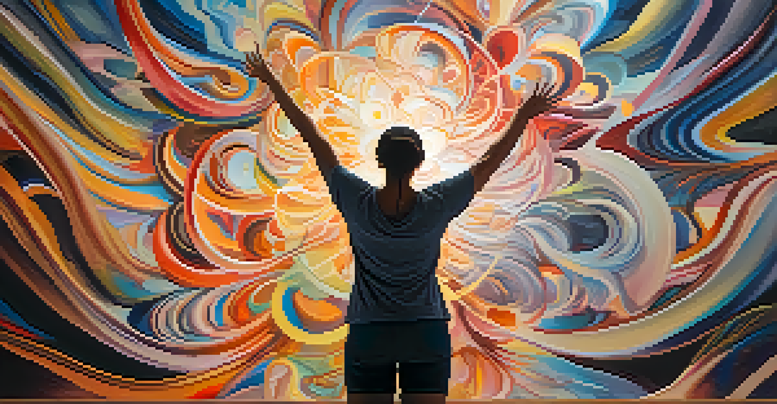 An abstract depiction of an artist involved in a creative ritual, surrounded by vibrant colors and shapes.