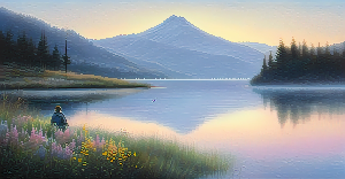 A calm lake at dawn with misty mountains in the background and a solitary figure gazing at the water.
