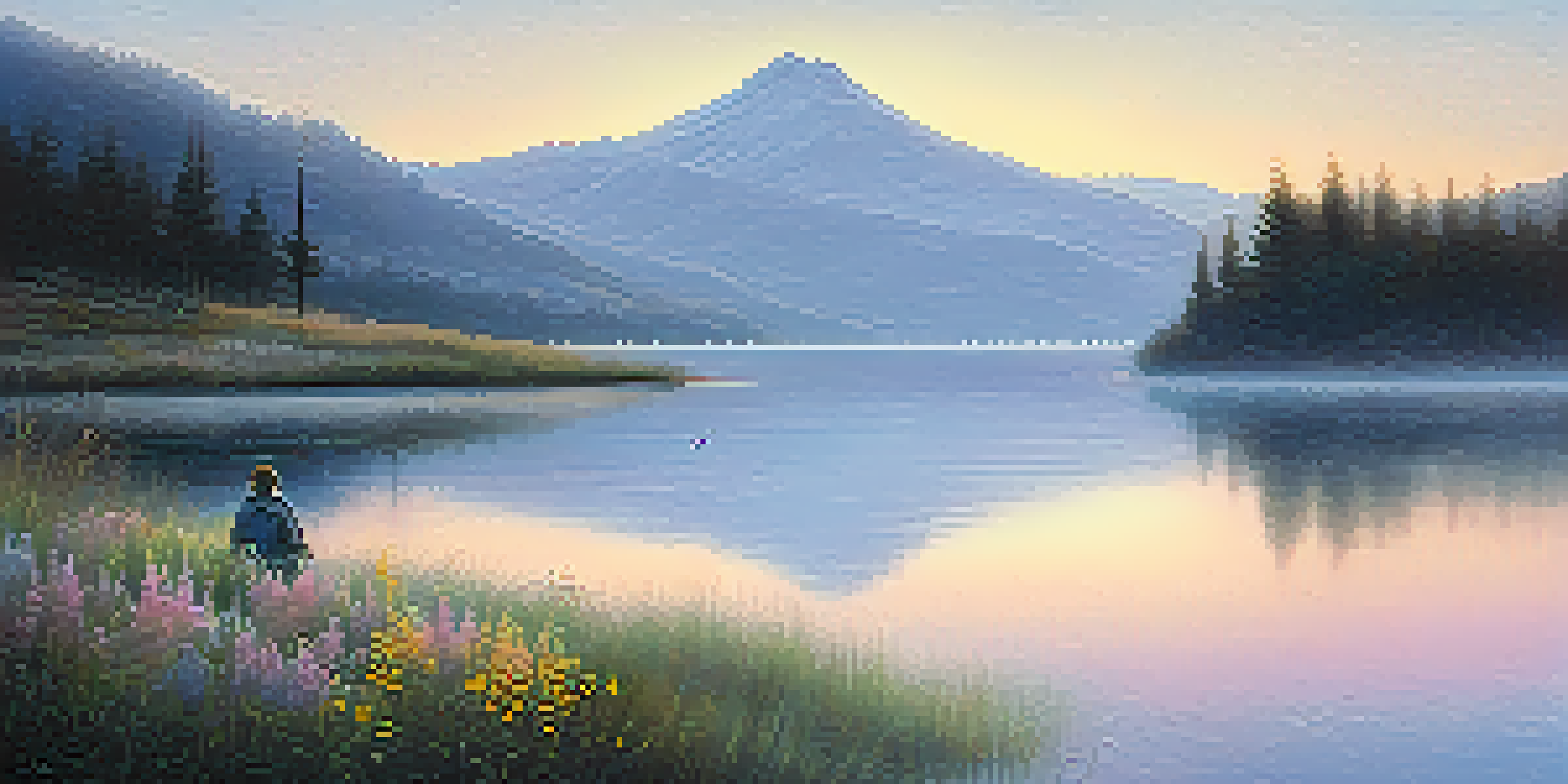A calm lake at dawn with misty mountains in the background and a solitary figure gazing at the water.