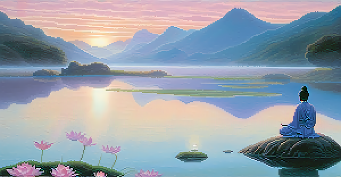 A peaceful Buddhist landscape at dawn with a meditative figure by a lake surrounded by misty mountains.