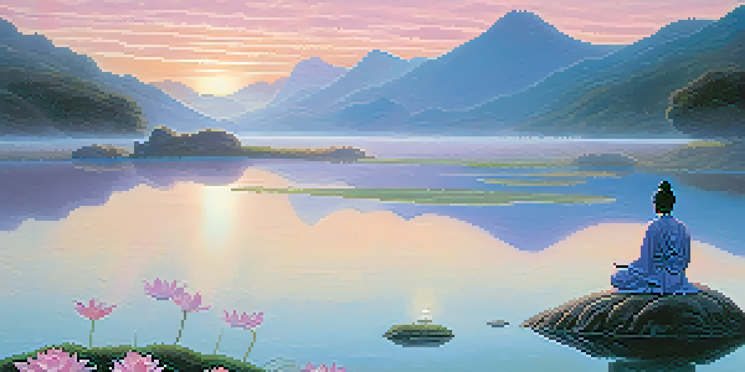 A peaceful Buddhist landscape at dawn with a meditative figure by a lake surrounded by misty mountains.