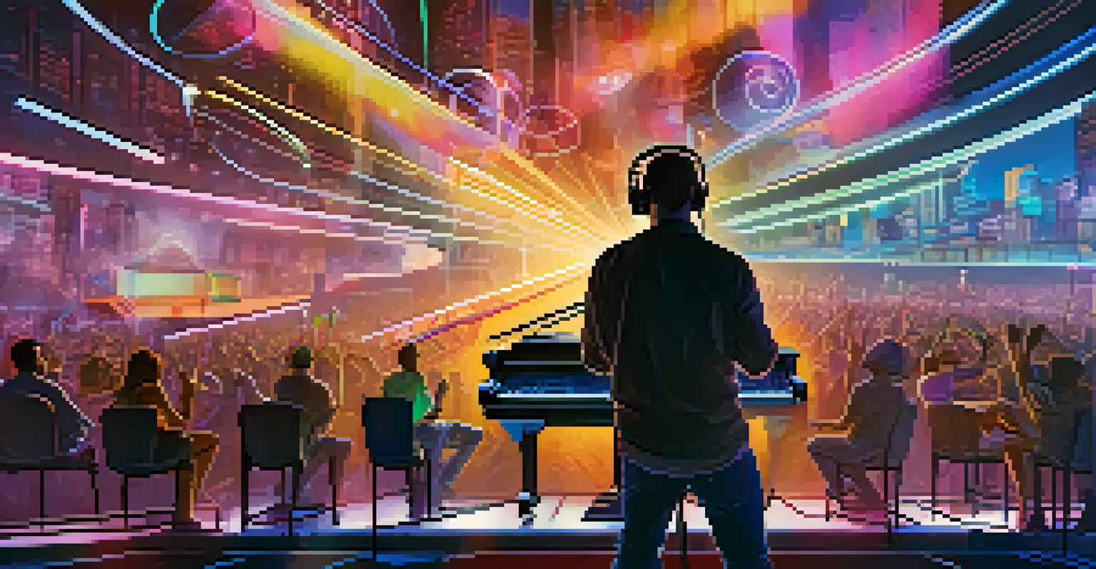 A musician performing in a futuristic augmented reality setting during a virtual concert, with an engaged audience and colorful holograms.