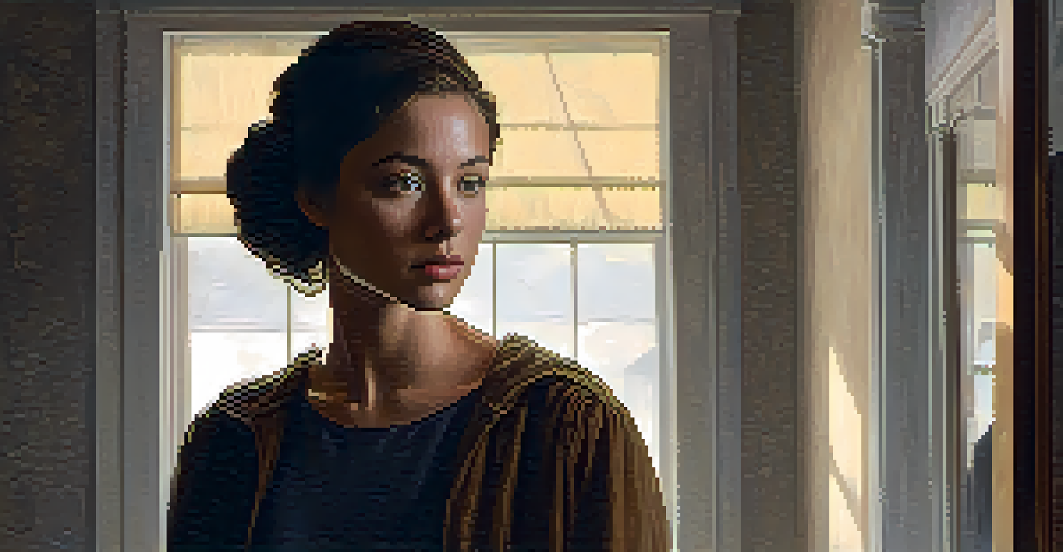 A portrait of a young woman in a dimly lit room with dramatic lighting highlighting her face and shadows enhancing the mood.