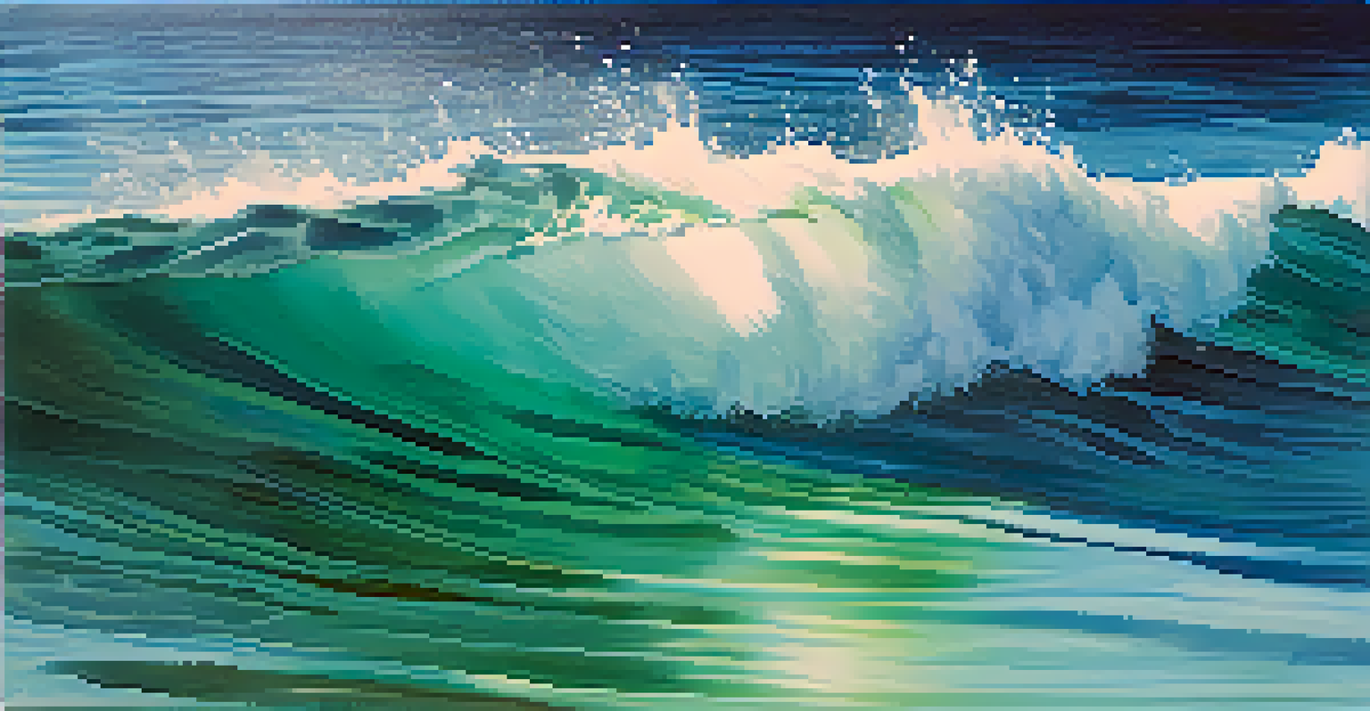 An abstract watercolor artwork with a deep blue to light turquoise gradient, resembling ocean waves, with a smooth texture and dynamic movement.