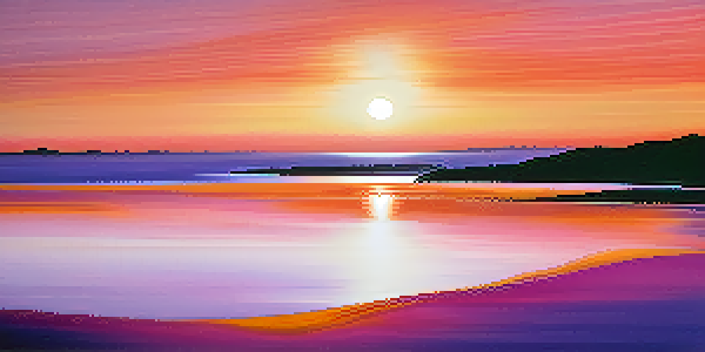 An abstract landscape with soft shapes and vibrant sunset colors, including orange, purple, and pink gradients, creating a tranquil atmosphere.
