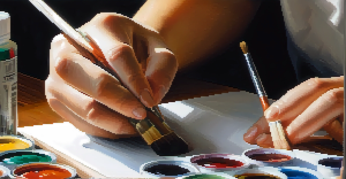 A close-up of a student's hands painting on a canvas with vibrant colors, showcasing the artistic process and focus.