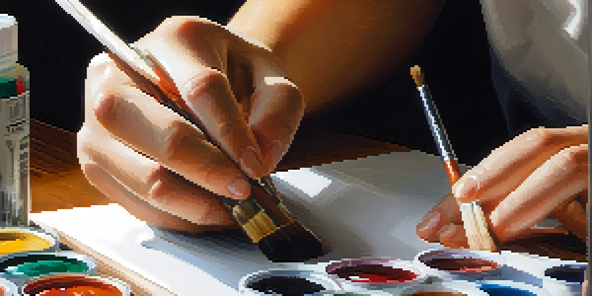 A close-up of a student's hands painting on a canvas with vibrant colors, showcasing the artistic process and focus.