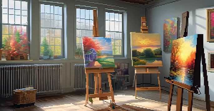 A cozy art studio with colorful art reproductions on the walls, a wooden easel, and natural light coming through a window.