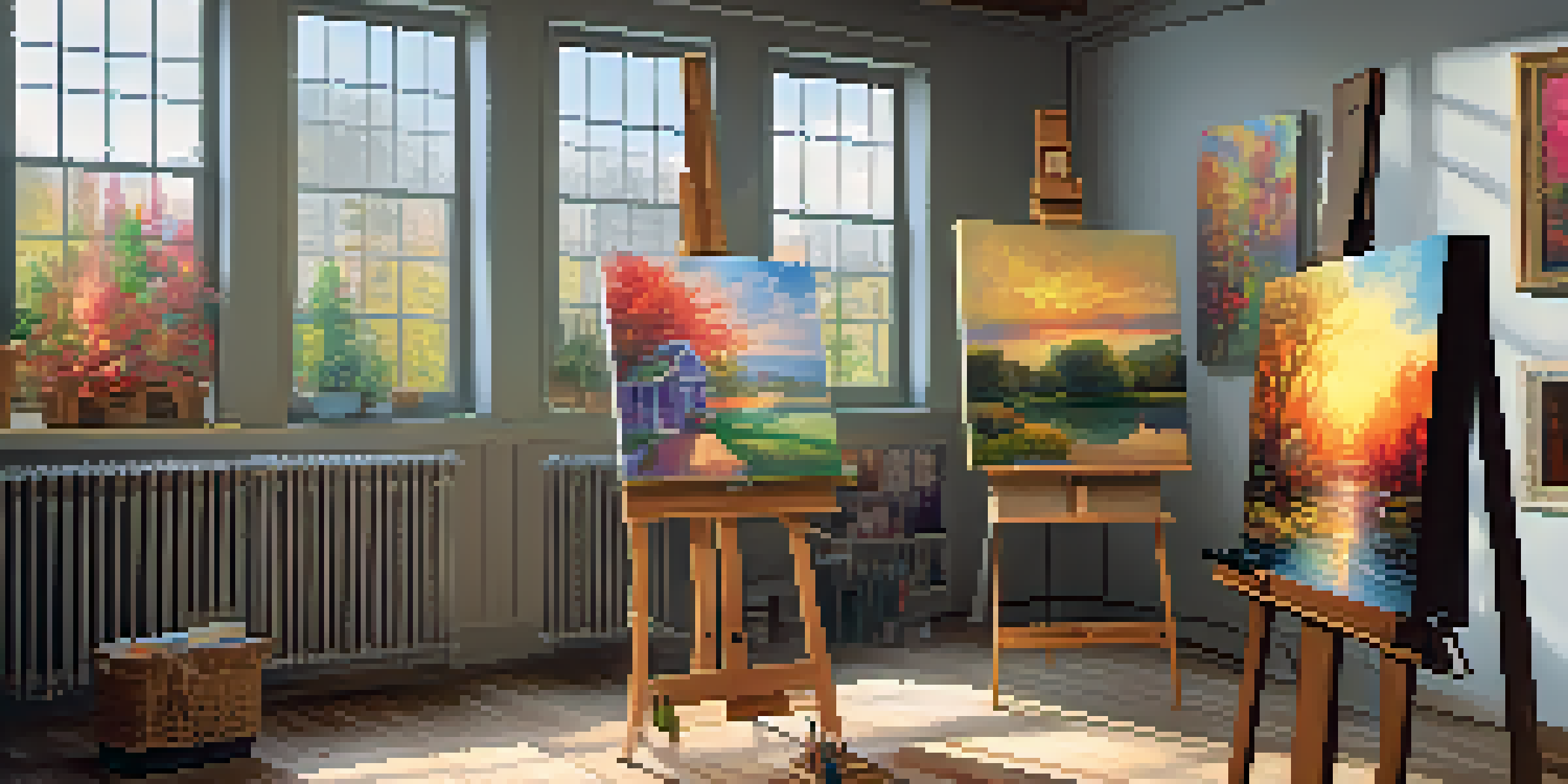 A cozy art studio with colorful art reproductions on the walls, a wooden easel, and natural light coming through a window.