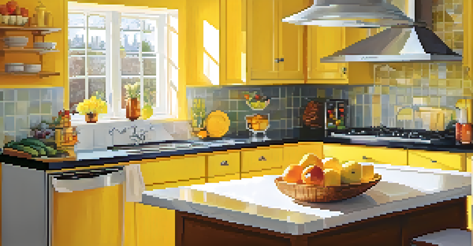 A vibrant kitchen painted in cheerful yellow, with sleek cabinets and stainless steel appliances, illuminated by sunlight.