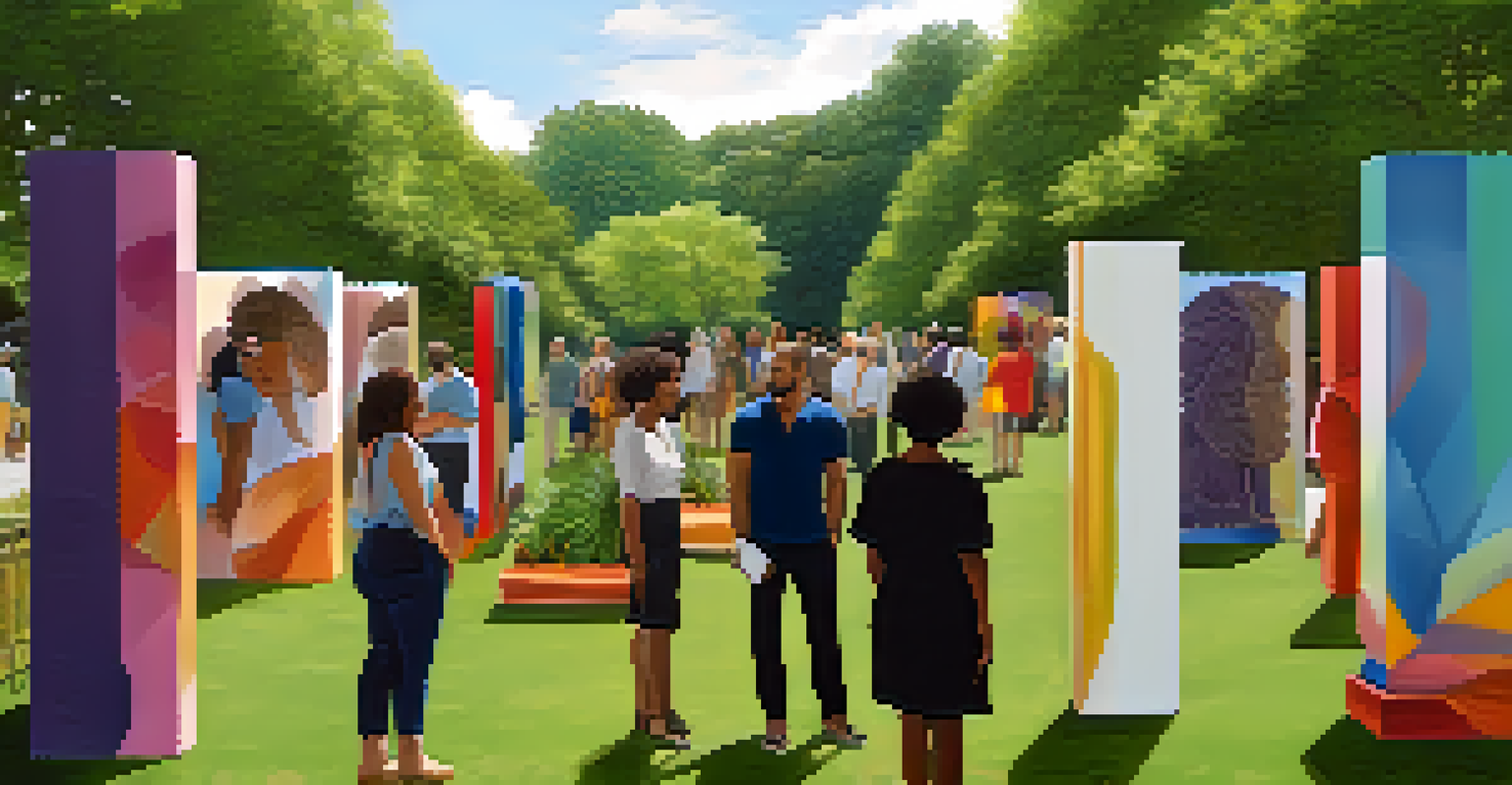 An outdoor art installation featuring large sculptures that symbolize intersectionality, surrounded by greenery and visitors engaging with the art.