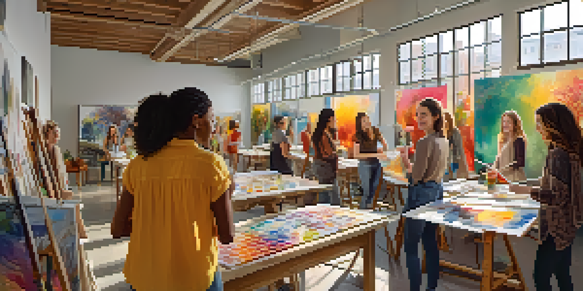 A lively art studio with women artists working together on a colorful mural, illuminated by natural light.