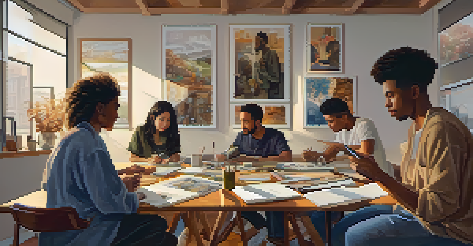 A diverse group of artists in a studio discussing ideas, surrounded by canvases and art supplies.