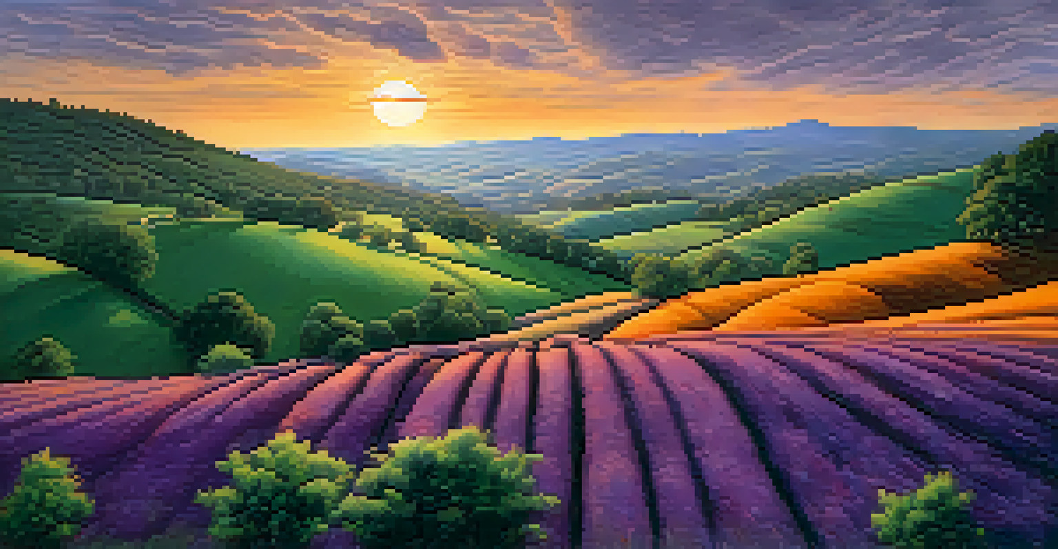 A beautiful landscape painting depicting rolling hills at sunset with musical notes in the clouds, illustrating the fusion of music and visual art.