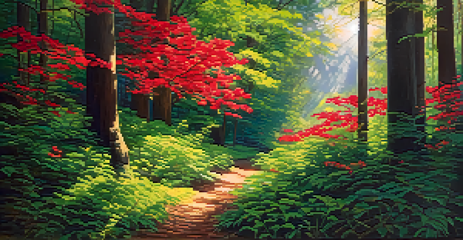 A vibrant forest with green foliage and bright red flowers in the foreground, illuminated by sunlight creating shadows and highlights.