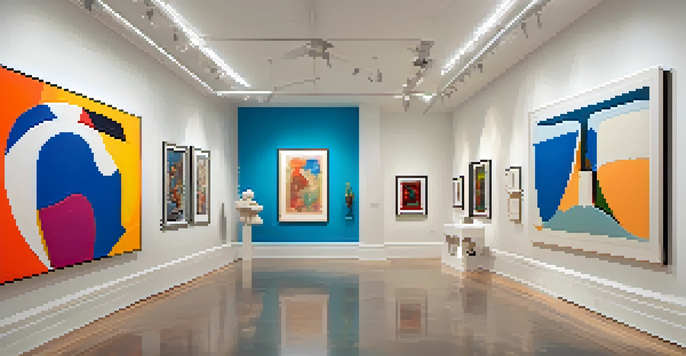A bright modern art gallery with contemporary artworks and sculptures, inviting space filled with natural light.