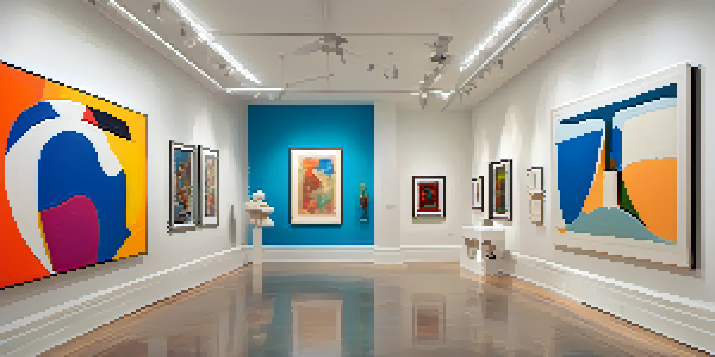 A bright modern art gallery with contemporary artworks and sculptures, inviting space filled with natural light.