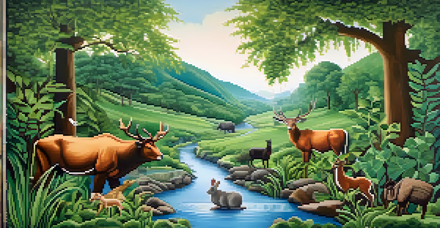 A detailed mural with an environmental theme, showcasing a lush landscape with animals and a river, highlighting the importance of nature.