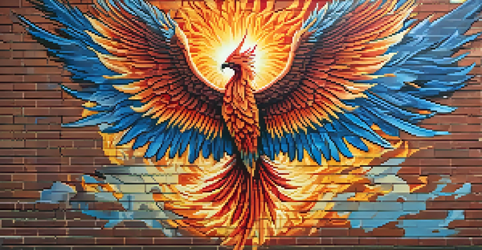 A colorful street art mural of a phoenix rising from ashes on a brick wall, symbolizing resilience.