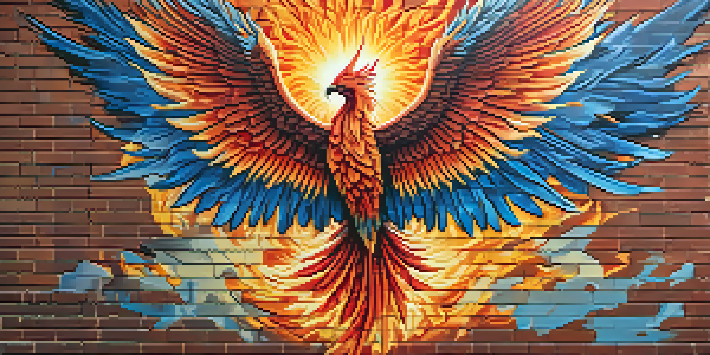 A colorful street art mural of a phoenix rising from ashes on a brick wall, symbolizing resilience.