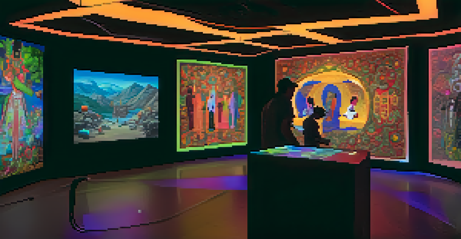 A digital art installation featuring colorful projections of global artworks, with visitors using VR headsets to explore the immersive experience.