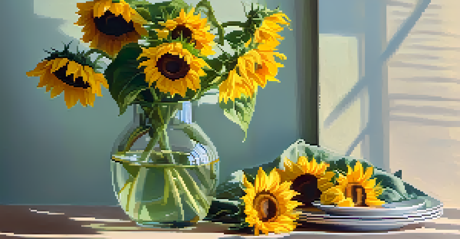A still life with a glass vase of sunflowers against a pastel background, enhanced by natural light and soft shadows.