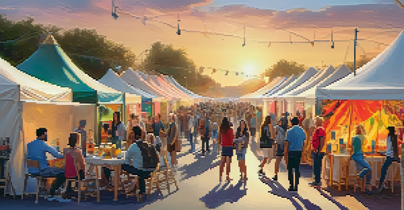A group of diverse art collectors discussing artworks at an outdoor art fair during sunset.