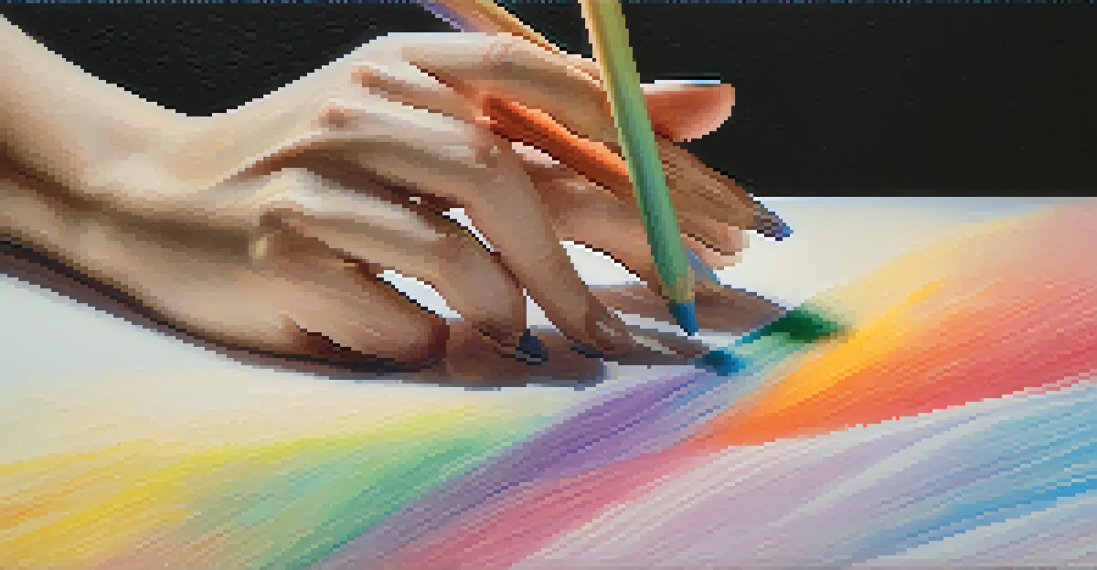 Close-up of hands blending vibrant pastel colors on textured paper.