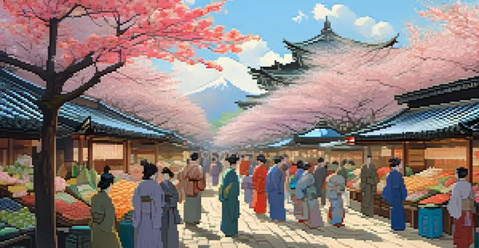 A busy market scene from the Edo period, with merchants and shoppers in colorful kimono, surrounded by stalls selling various goods and cherry blossom trees in bloom.