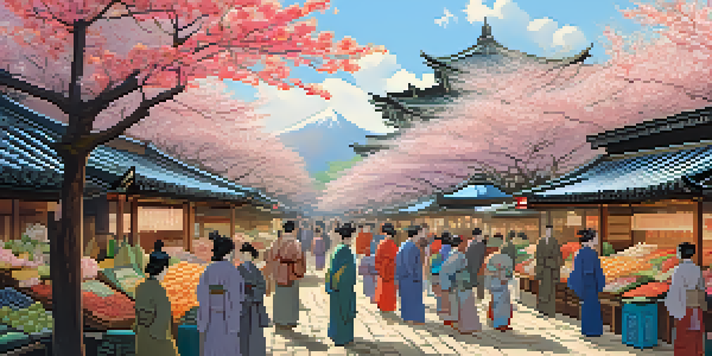A busy market scene from the Edo period, with merchants and shoppers in colorful kimono, surrounded by stalls selling various goods and cherry blossom trees in bloom.