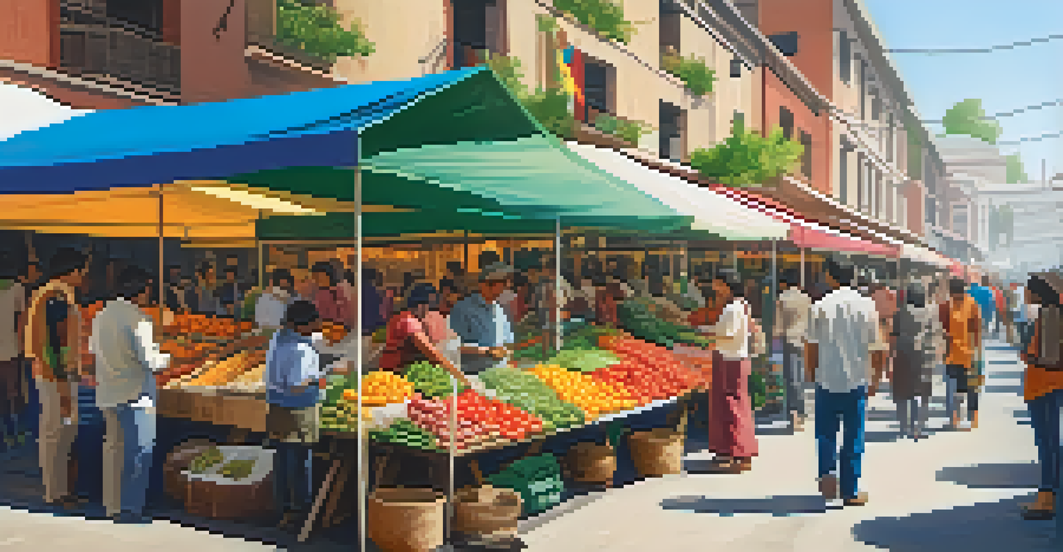 A lively street market with colorful stalls and diverse people shopping and interacting.