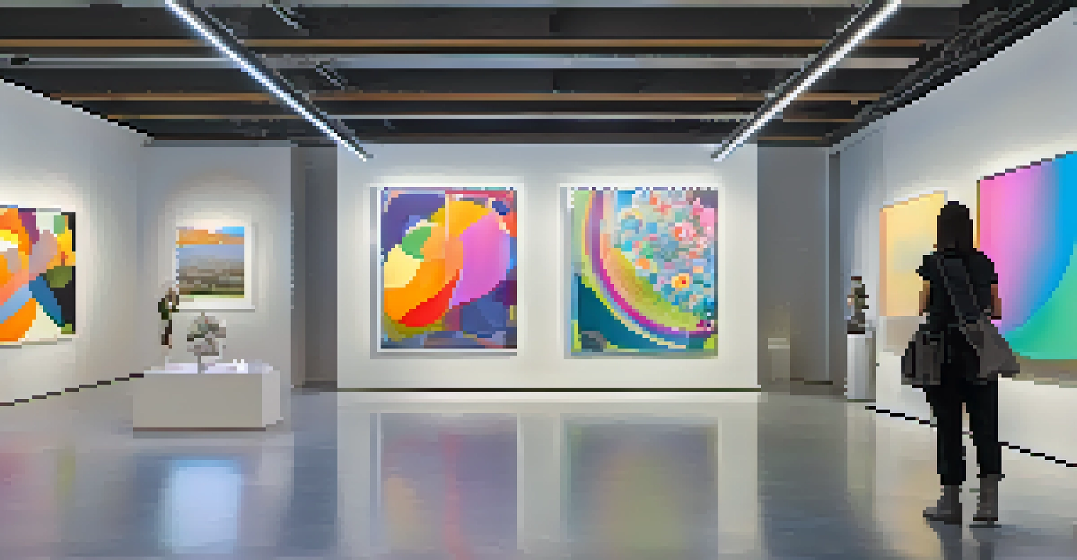 A futuristic art gallery with a mix of traditional and AI-generated artworks, featuring interactive installations and bright lighting.