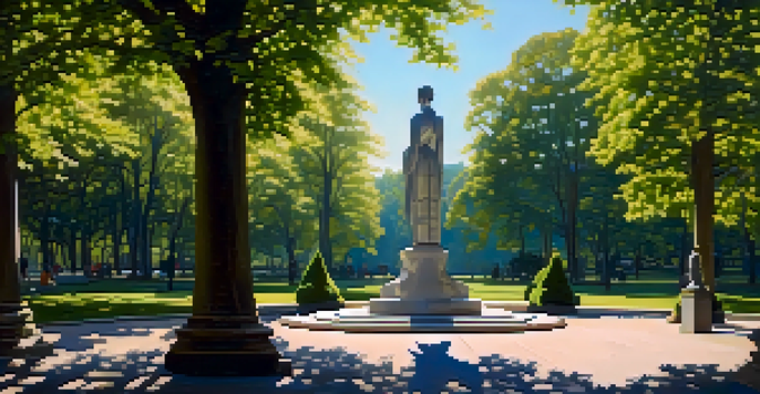 A large sculpture in a park surrounded by greenery, with sunlight filtering through the leaves and casting shadows on the ground.