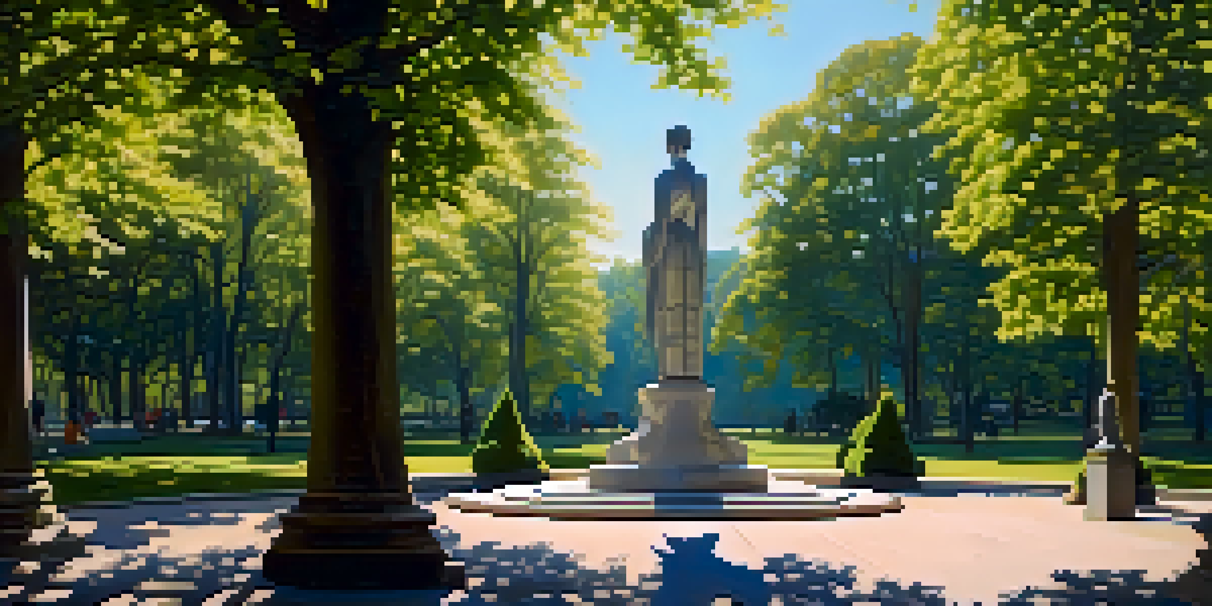A large sculpture in a park surrounded by greenery, with sunlight filtering through the leaves and casting shadows on the ground.