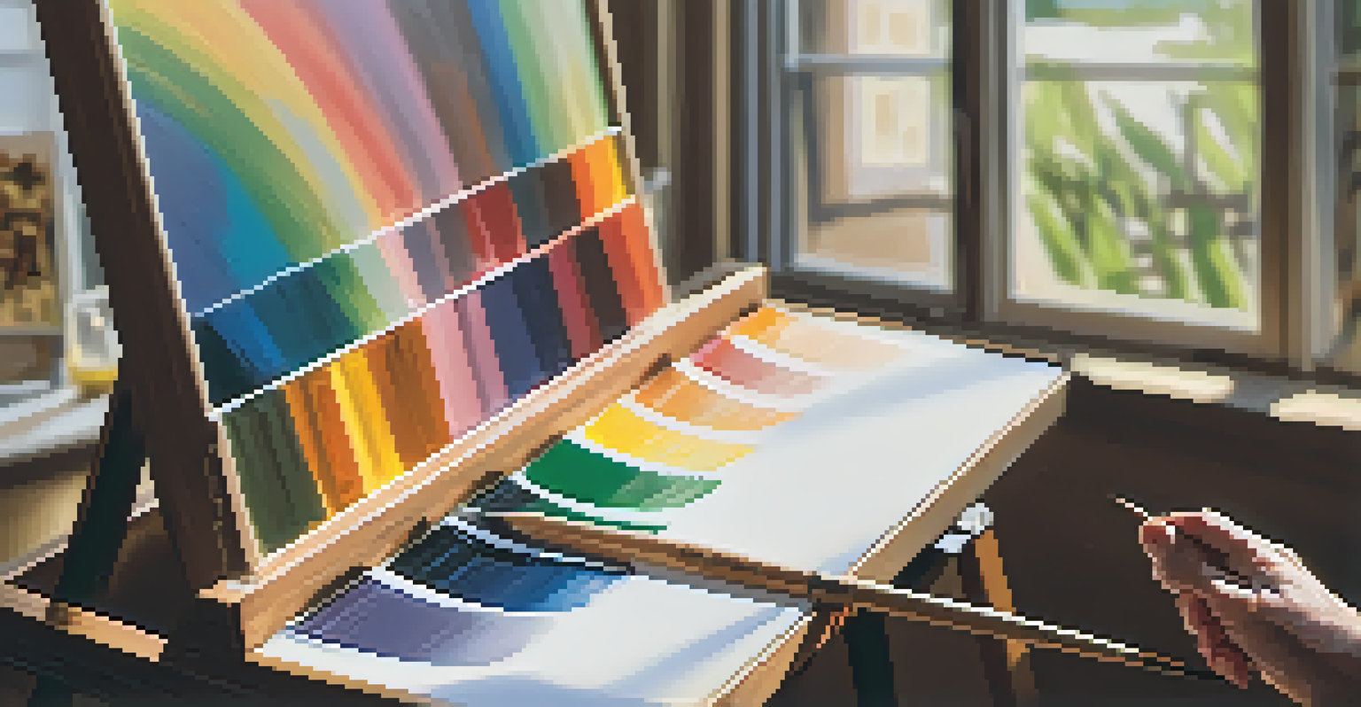 A local artist focused on painting with a colorful palette and sunlight illuminating the workspace.