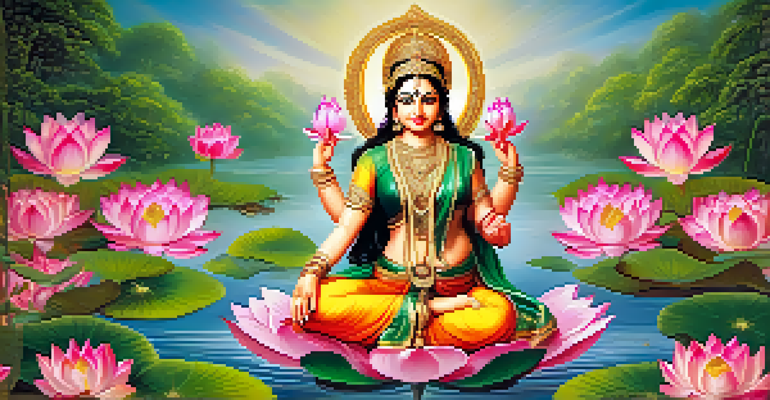 A depiction of goddess Lakshmi surrounded by pink and white blooming lotuses in a vibrant garden.