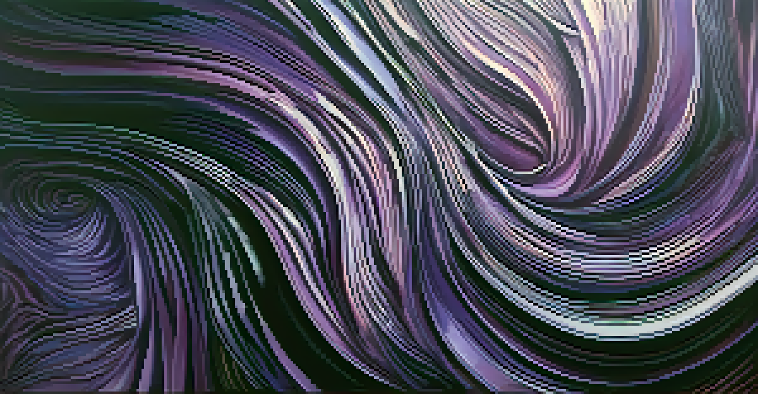 An abstract painting showcasing a blend of rich purple shades with swirling patterns, creating a sense of creativity and depth.