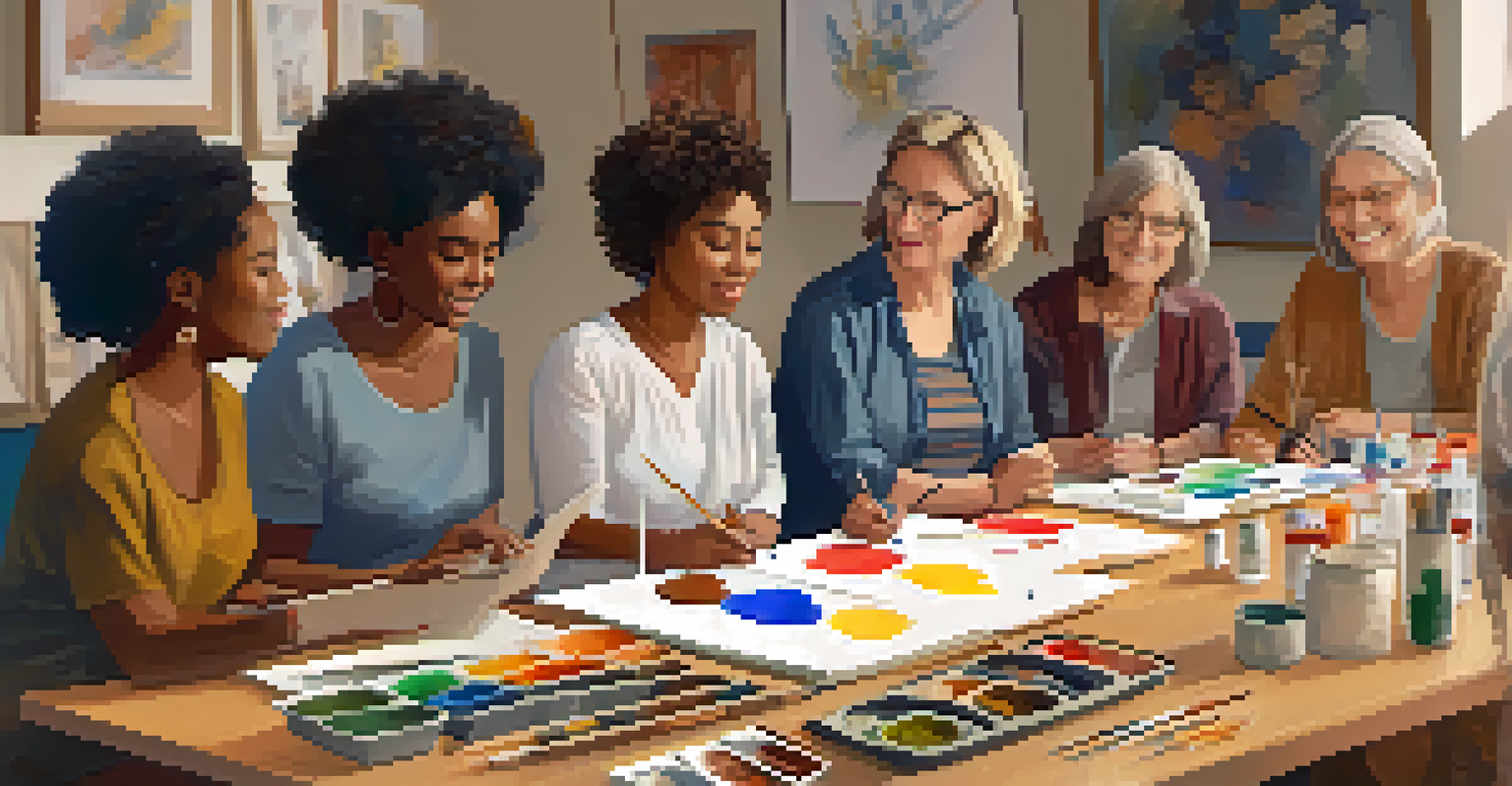 An art therapist with a group of diverse participants engaged in various artistic activities in a warm and inviting setting.